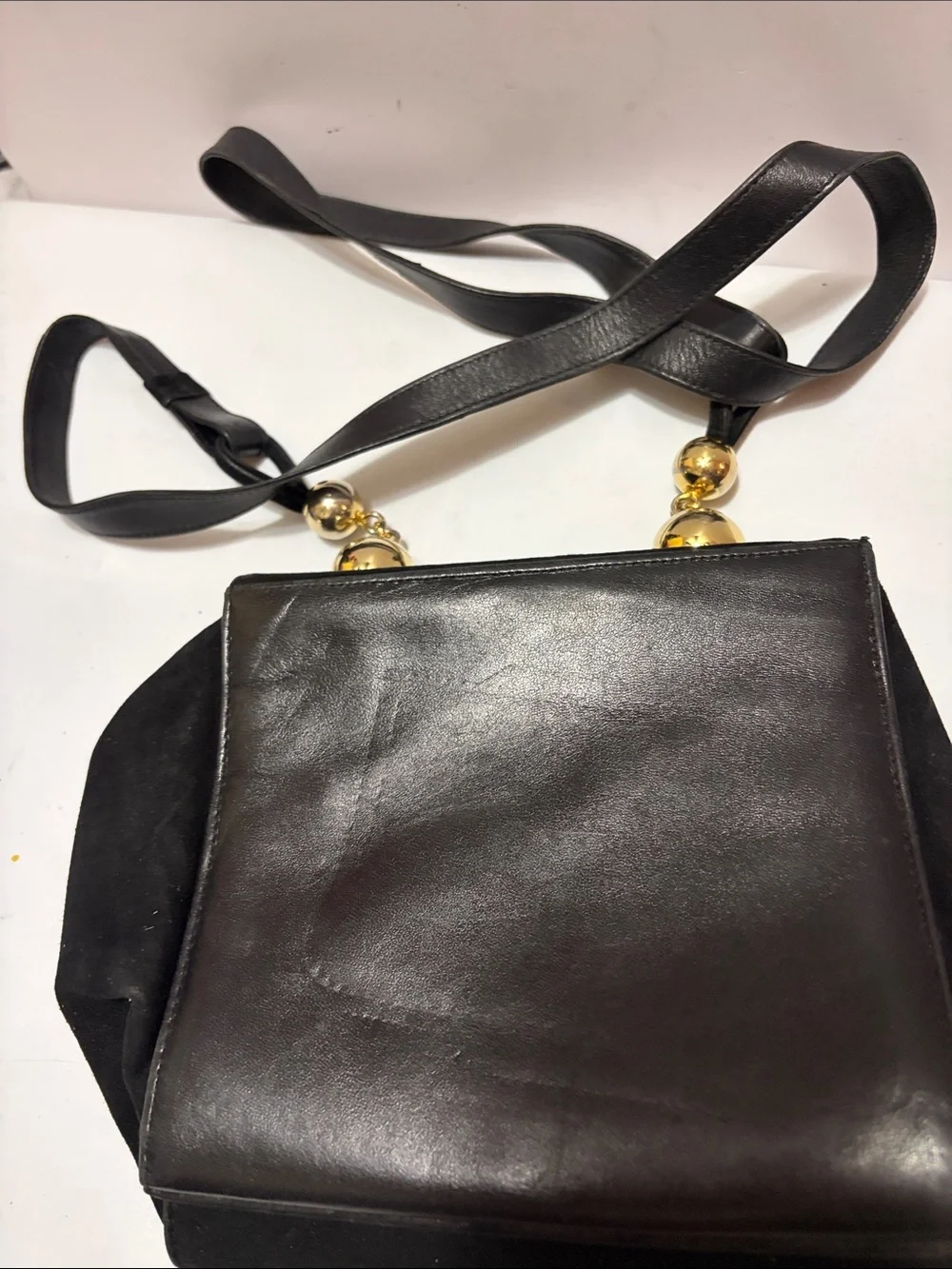 Stuart Weizmann Black Suede Crossbody Bag with Gold Accent Beads